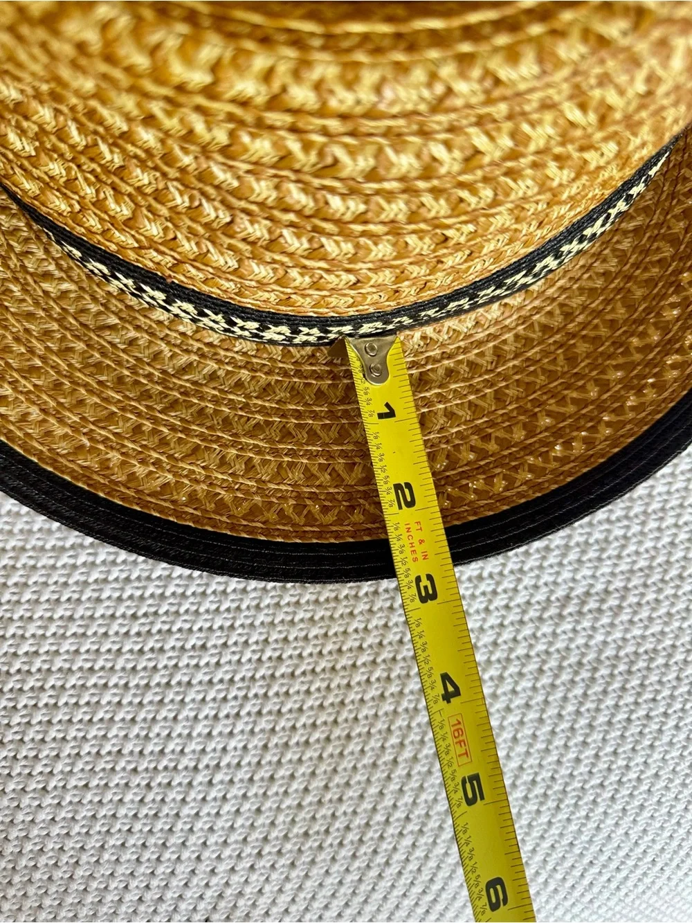 ERIC JAVITS Authentic Squishee Straw Hat UPF 50 Fedora Black Trim Patterned Band